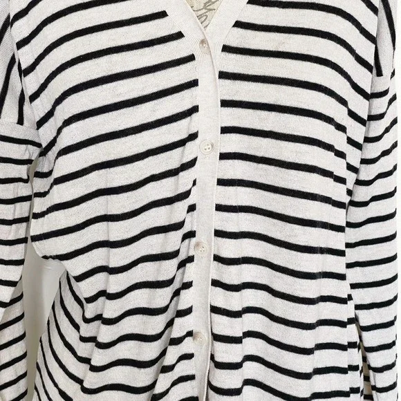 Loft Womens  Sweater Medium Cardigan Button Down Striped Beige Wool Blend Ribbed - Picture 4 of 12
